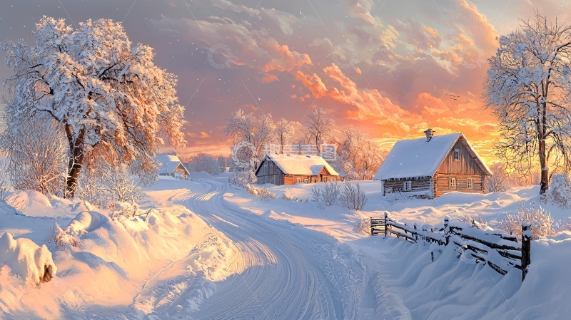 高清大图下载【趣麦麦图】雪地小屋日落唯美场景