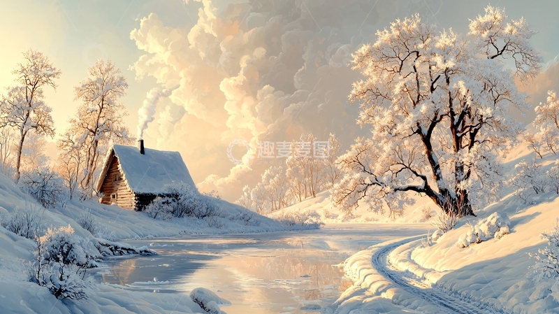 高清大图下载【趣麦麦图】雪景小屋冬季油画