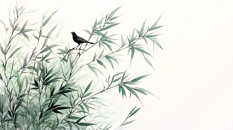 高清大图下载【趣麦麦图】竹林小鸟水墨画