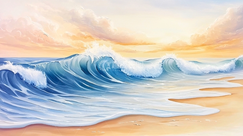 高清大图下载【趣麦麦图】海浪拍打沙滩的绘画
