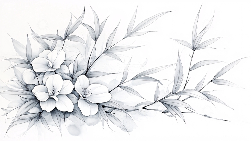 高清大图下载【趣麦麦图】素描花卉竹叶水墨画