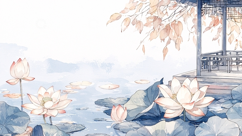 高清大图下载【趣麦麦图】水墨风荷花亭台楼阁意境