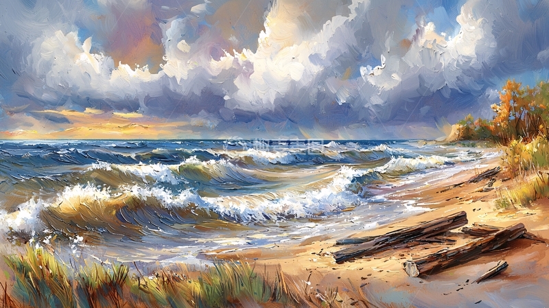高清大图下载【趣麦麦图】海边波涛汹涌的油画
