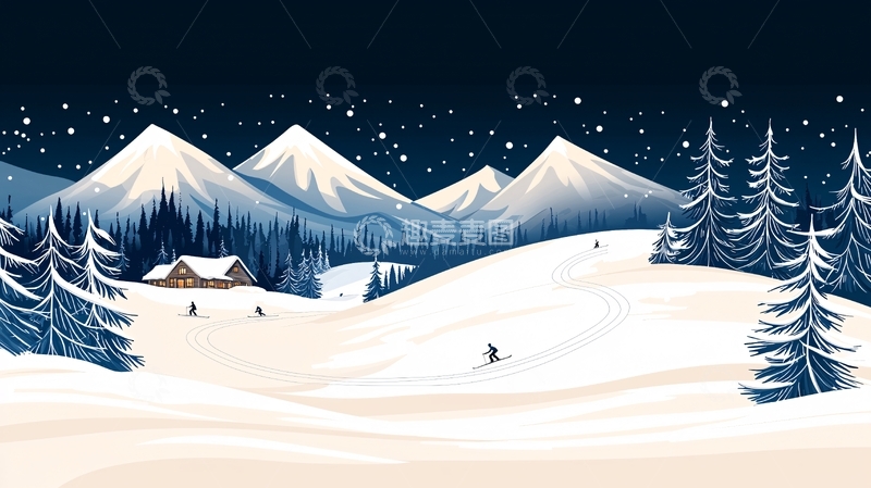 高清大图下载【趣麦麦图】冬季雪山小屋星空图