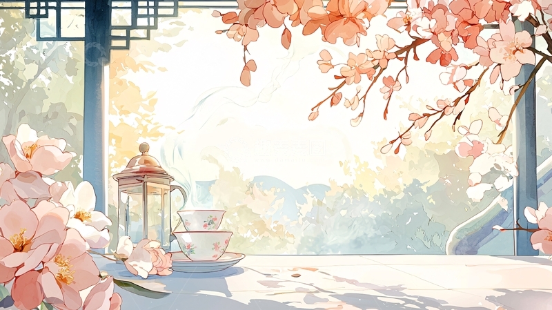 高清大图下载【趣麦麦图】樱花树下的茶具静物