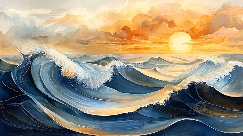 高清大图下载【趣麦麦图】海浪翻滚的日出景色