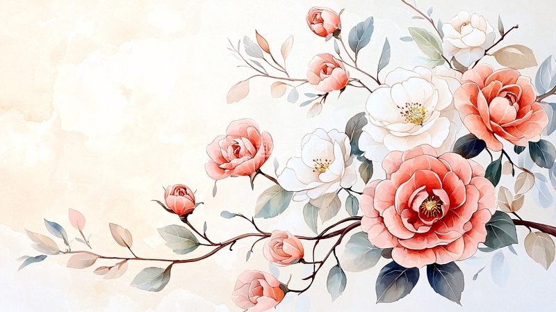高清大图下载【趣麦麦图】淡雅水彩玫瑰花枝