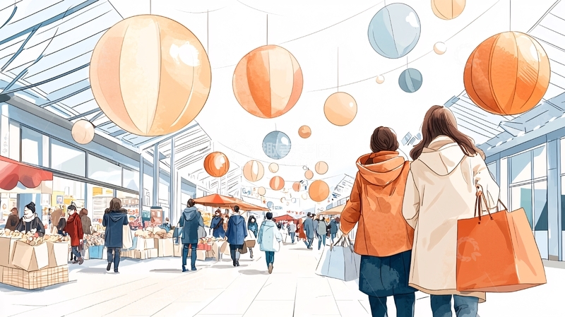 高清大图下载【趣麦麦图】商场购物场景插画