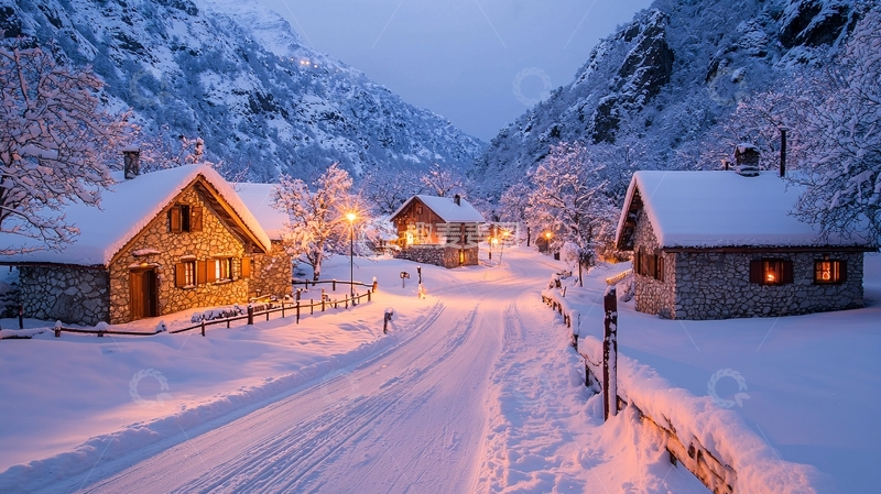 高清大图下载【趣麦麦图】雪山下的木屋村庄