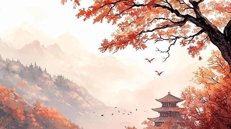 高清大图下载【趣麦麦图】秋色山林古塔意境国风
