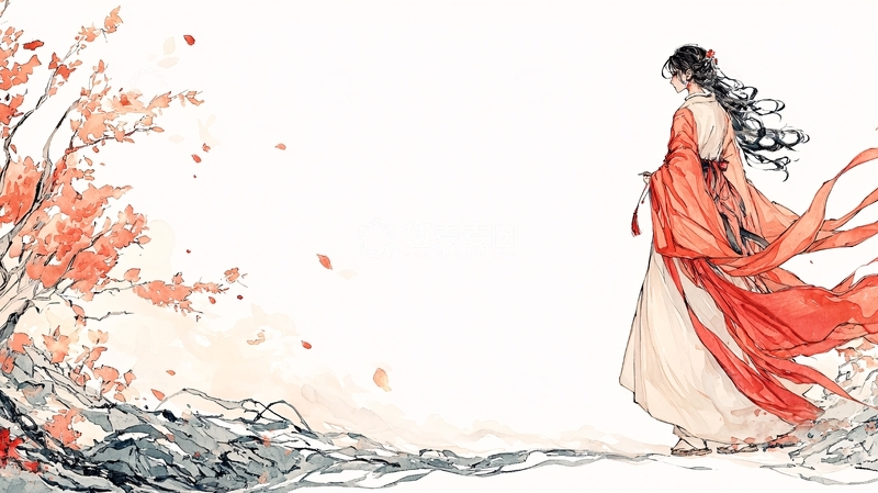 高清大图下载【趣麦麦图】红衣女子水墨风唯美背影