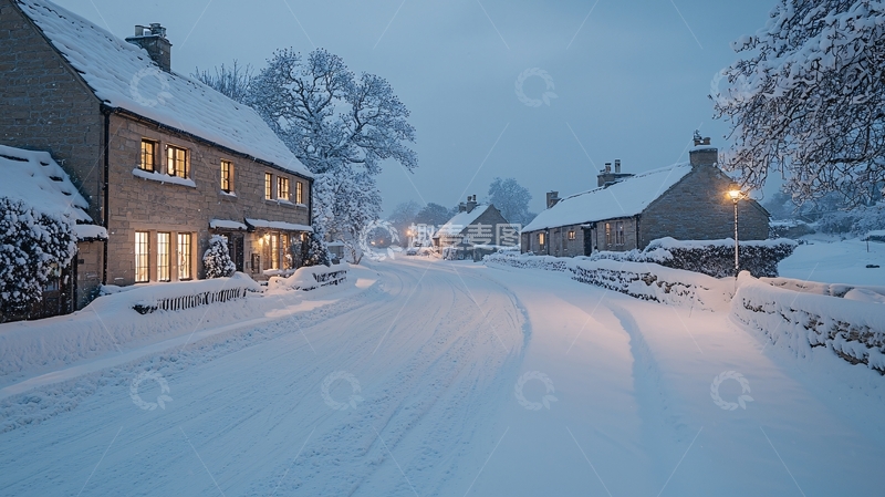 高清大图下载【趣麦麦图】雪后村庄的宁静夜景