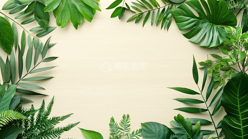 高清大图下载【趣麦麦图】绿色植物环绕的米色背景