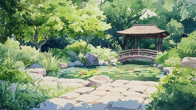 高清大图下载【趣麦麦图】水彩画风的日式庭院