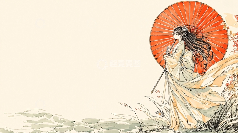 高清大图下载【趣麦麦图】古风女子红伞背景留白