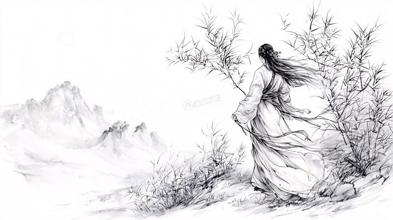 高清大图下载【趣麦麦图】女子竹林远眺山峰水墨画