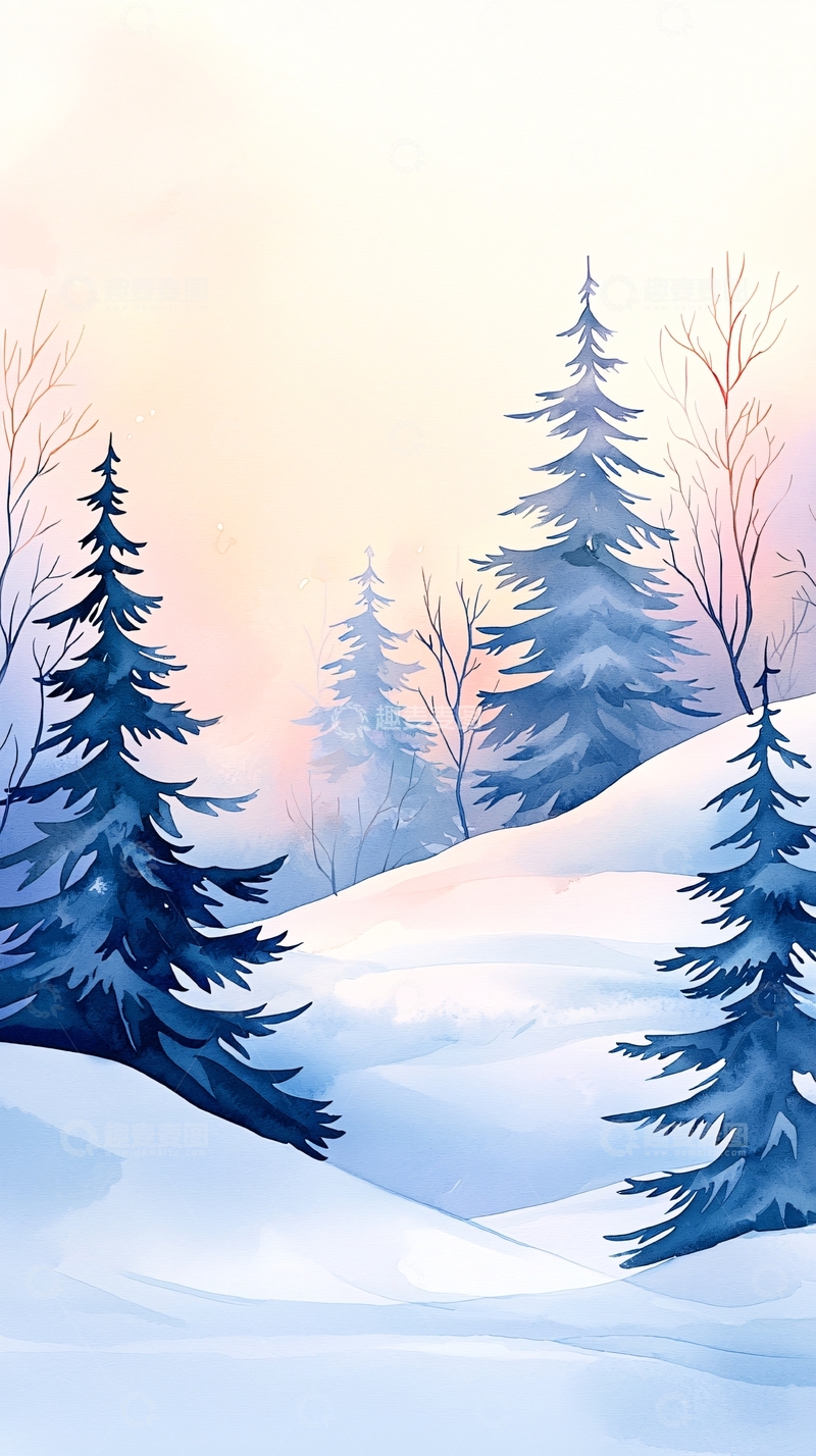 高清大图下载【趣麦麦图】水彩雪景森林冬日