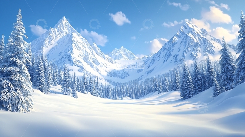 高清大图下载【趣麦麦图】雪山森林蓝天白云的冬日美景