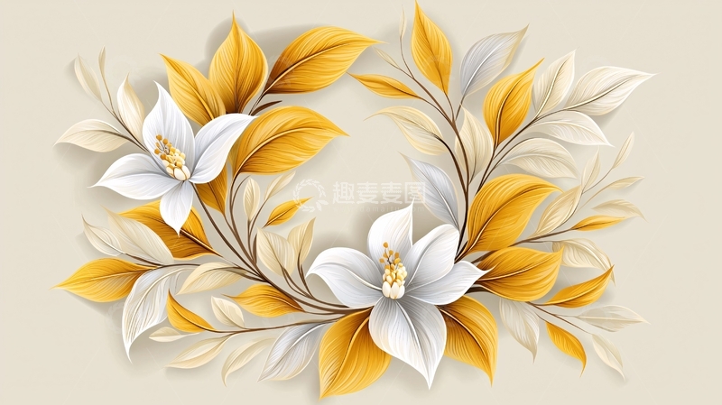 高清大图下载【趣麦麦图】白色兰花与金色叶子