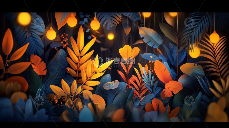 高清大图下载【趣麦麦图】热带植物夜晚灯光