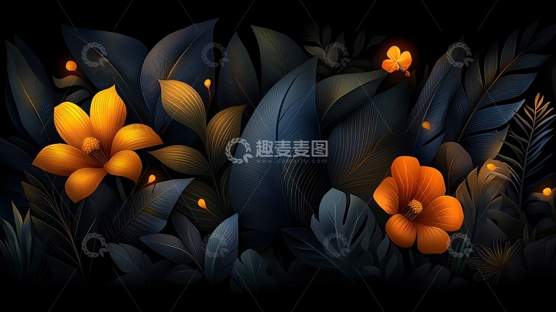 高清大图下载【趣麦麦图】夜色下的金色花朵与深色叶子