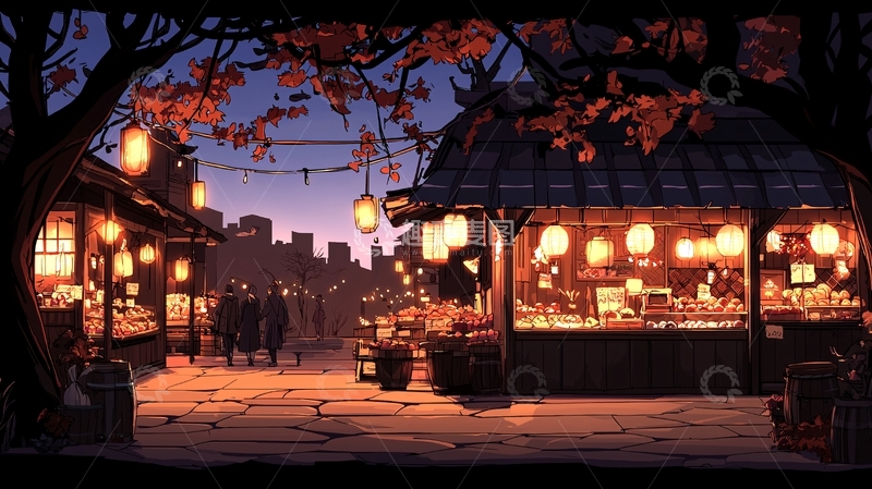 高清大图下载【趣麦麦图】日式夜市灯笼亮光商业街