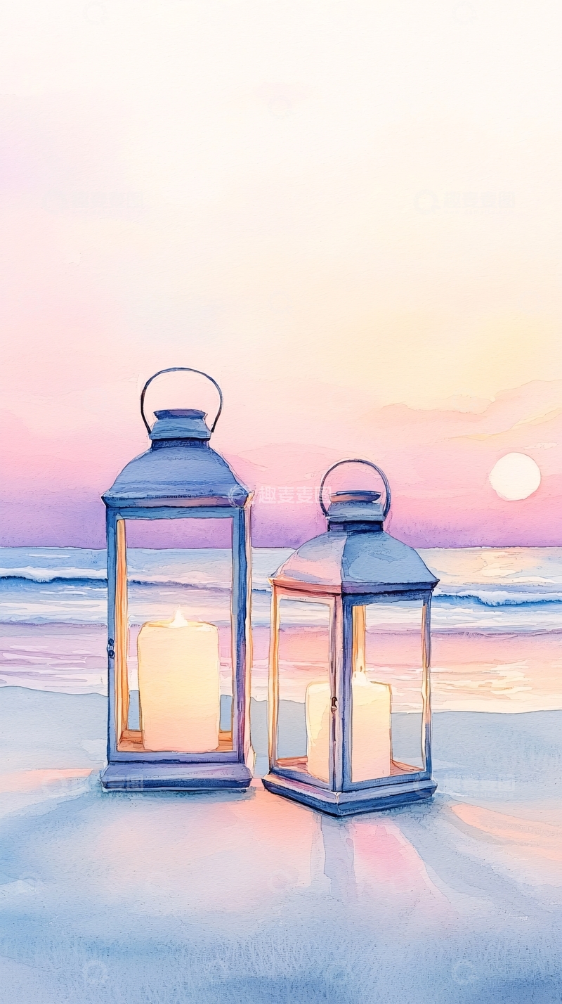 高清大图下载【趣麦麦图】海边灯笼日落唯美插画