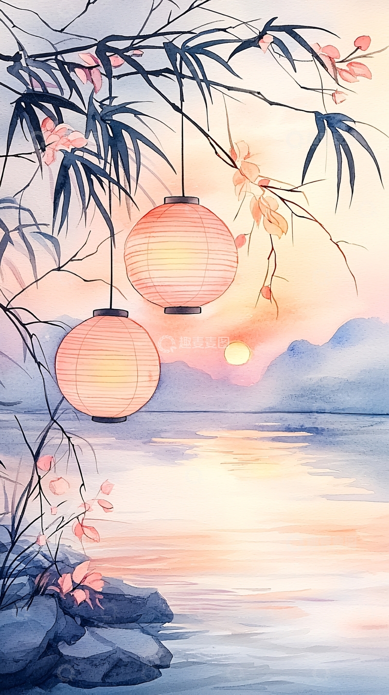 高清大图下载【趣麦麦图】水墨风灯笼夕阳湖面