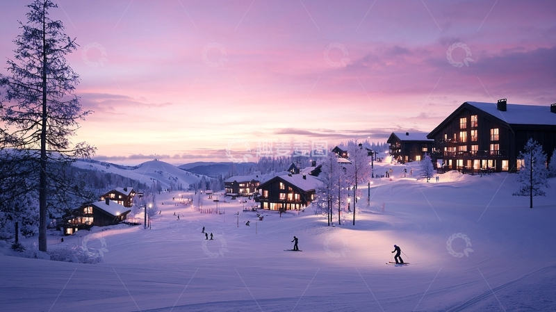 高清大图下载【趣麦麦图】雪地中的木屋群