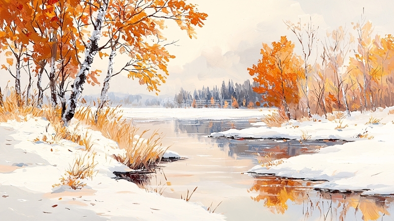 高清大图下载【趣麦麦图】雪地河流秋叶的油画