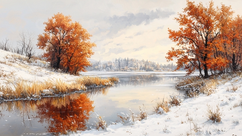 高清大图下载【趣麦麦图】雪地秋色湖面风景画