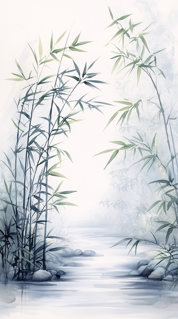 水墨竹林小溪意境