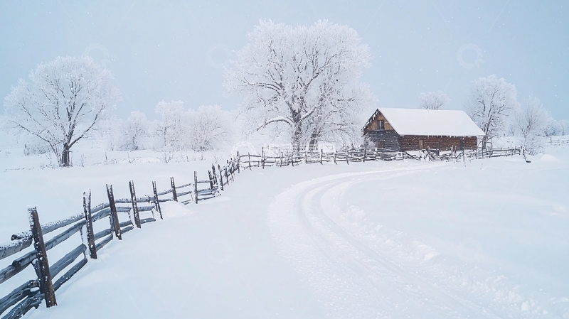 高清大图下载【趣麦麦图】雪后乡村小屋景色