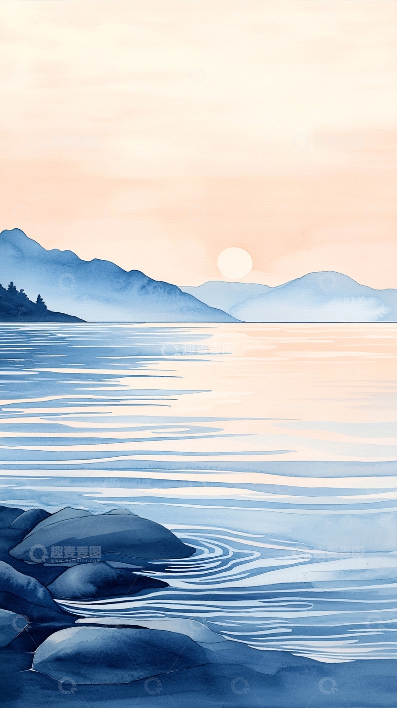 高清大图下载【趣麦麦图】平静湖面日出景色