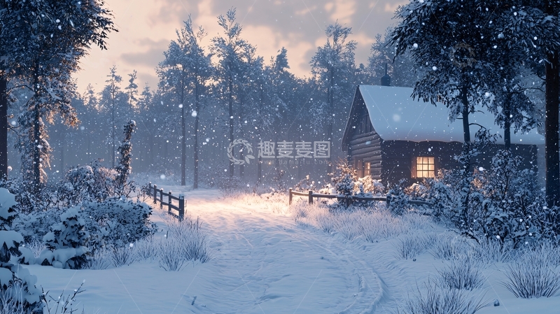 高清大图下载【趣麦麦图】雪夜林中小屋