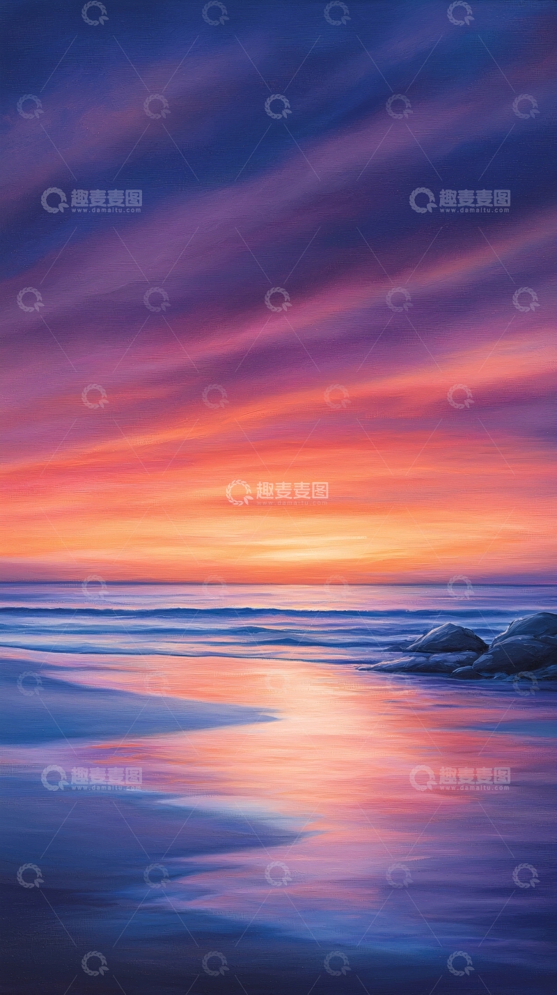 高清大图下载【趣麦麦图】绚烂晚霞映照下的海面