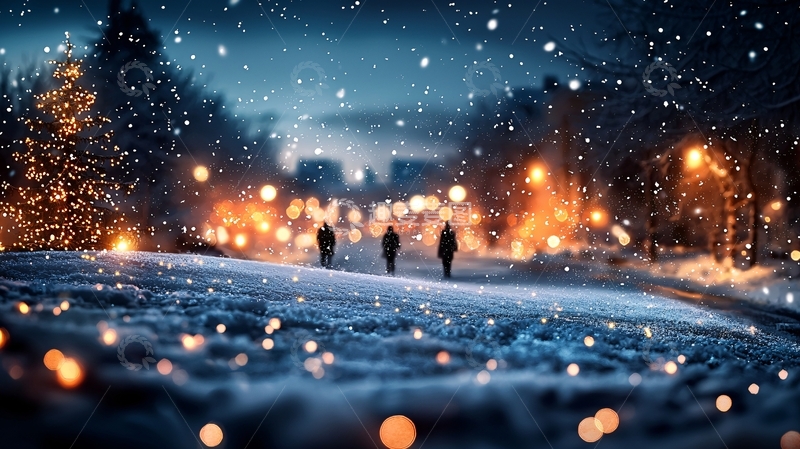 高清大图下载【趣麦麦图】雪夜中的行人背影