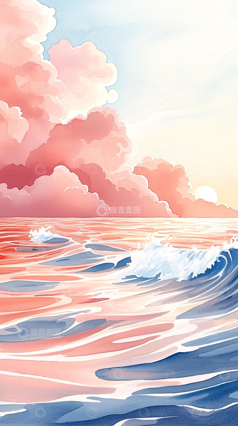 高清大图下载【趣麦麦图】粉色云朵下的平静海面