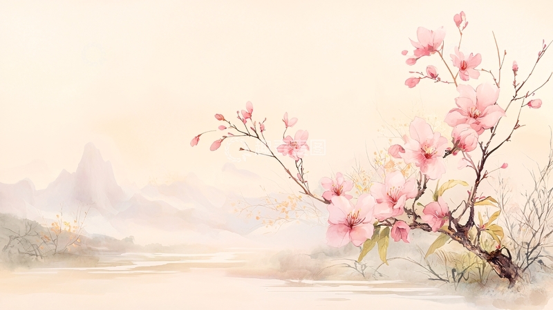 高清大图下载【趣麦麦图】粉色桃花山水背景唯美意境
