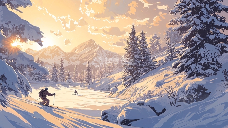 高清大图下载【趣麦麦图】雪山冬日暖阳下的滑雪