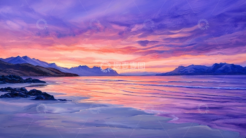 高清大图下载【趣麦麦图】紫粉色天空下的平静海面