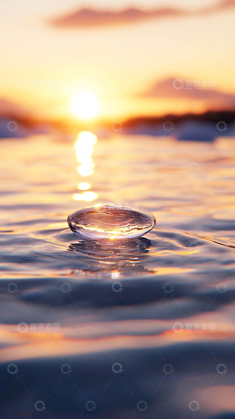高清大图下载【趣麦麦图】水面上的透明石头在日落时分闪耀