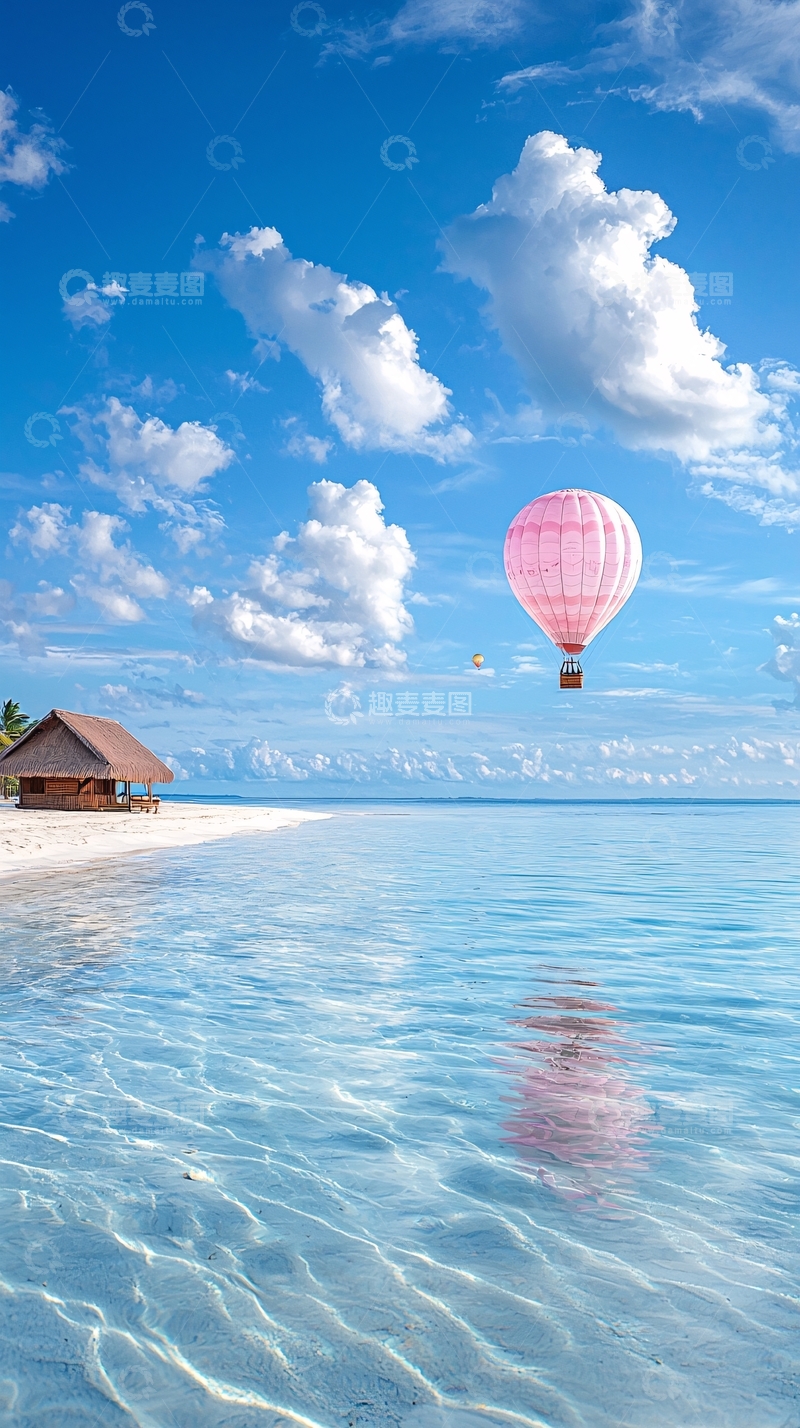 高清大图下载【趣麦麦图】粉色热气球海滩小屋