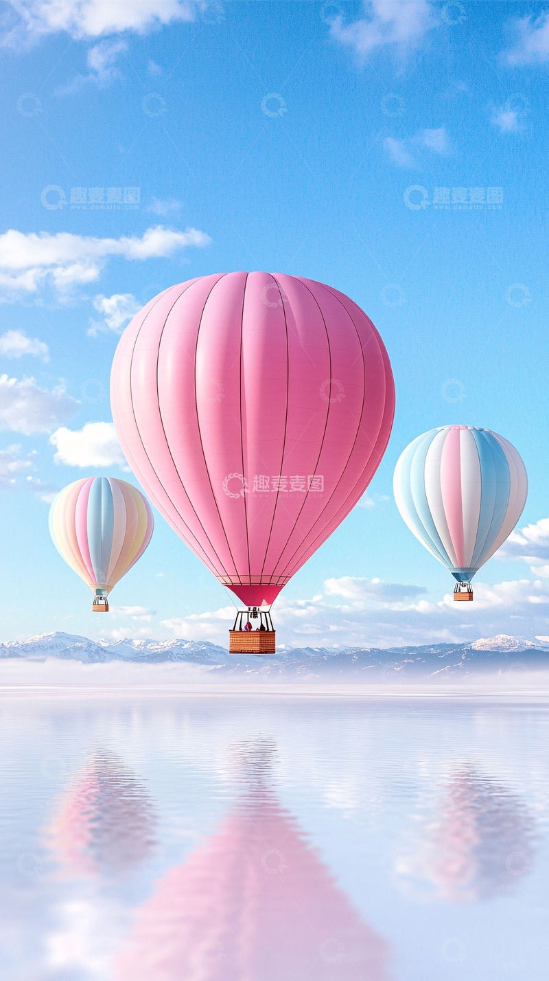 高清大图下载【趣麦麦图】粉色热气球水面倒影