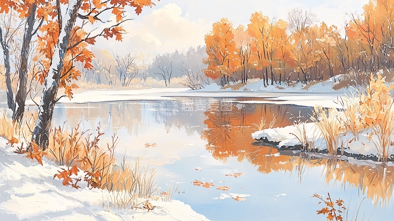 高清大图下载【趣麦麦图】冬日宁静湖面金色树木倒影