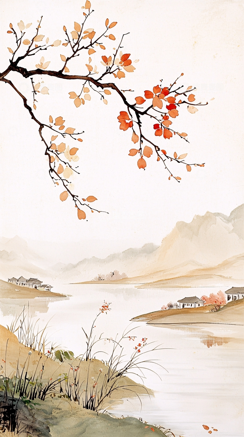 高清大图下载【趣麦麦图】水墨风格的秋景山水画