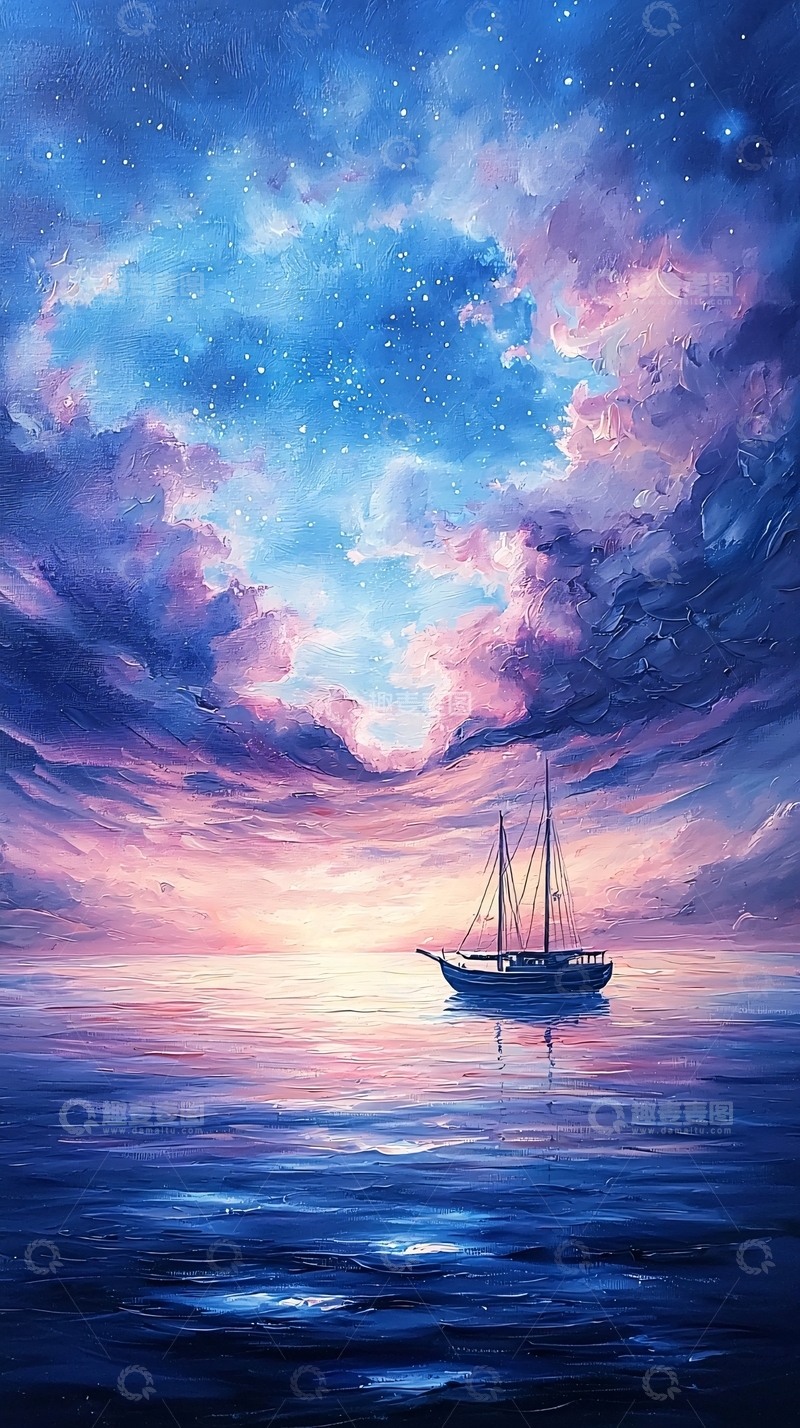 高清大图下载【趣麦麦图】-梦幻星空下的帆船