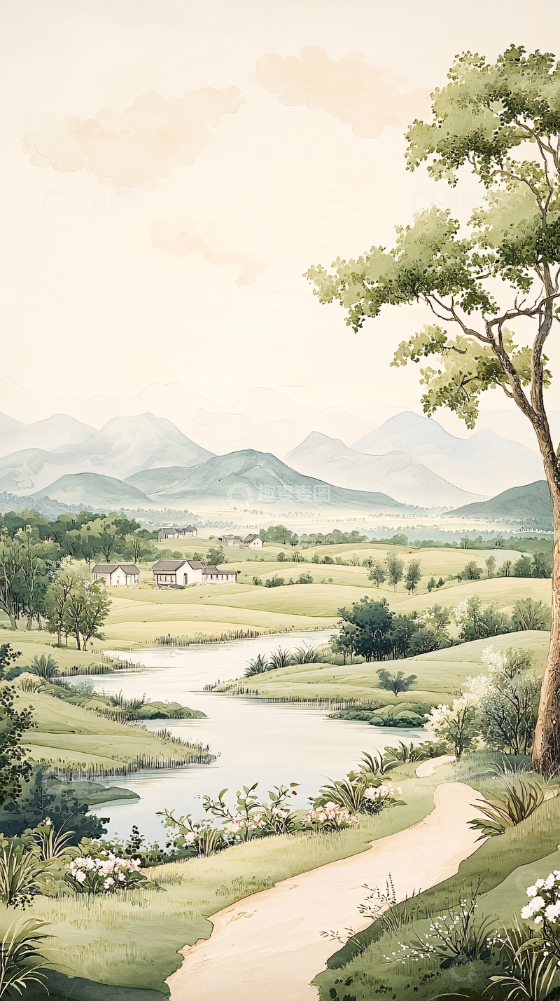 高清大图下载【趣麦麦图】田园风光水彩画