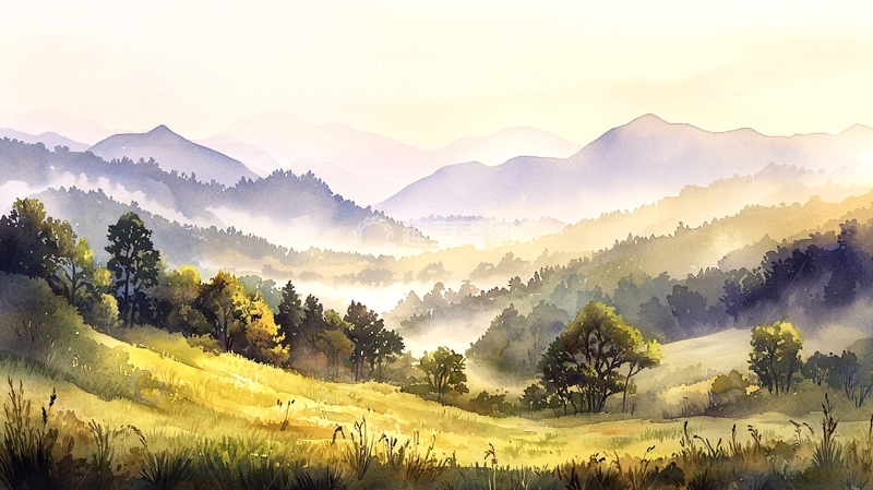 高清大图下载【趣麦麦图】田野山脉水彩画