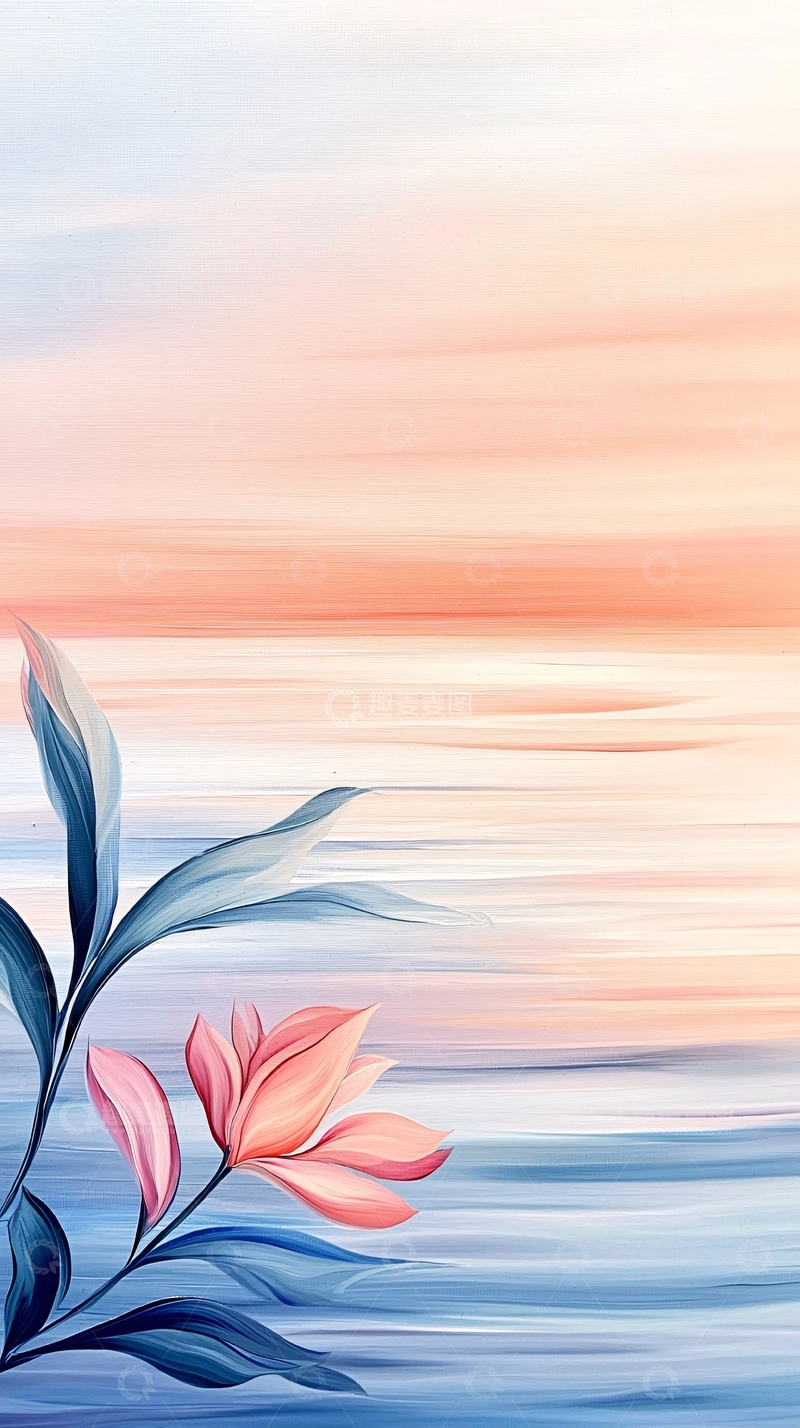 高清大图下载【趣麦麦图】粉色花朵与水面天空的意境